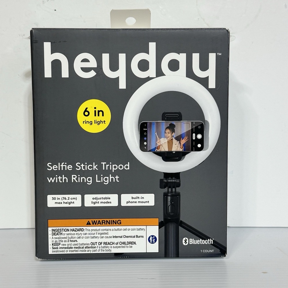 Tripod Selfie Stick with LED Ring Light - heyday Black
